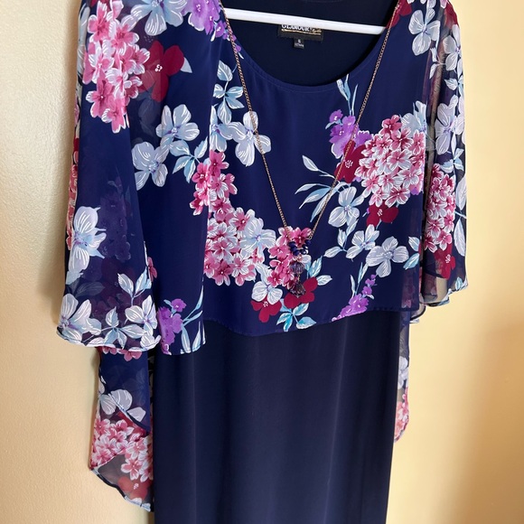 Glamour Nights Dresses & Skirts - NWOT Floral Navy Dress with Sheer Floral Overlay, Cape Style & Perfect Details